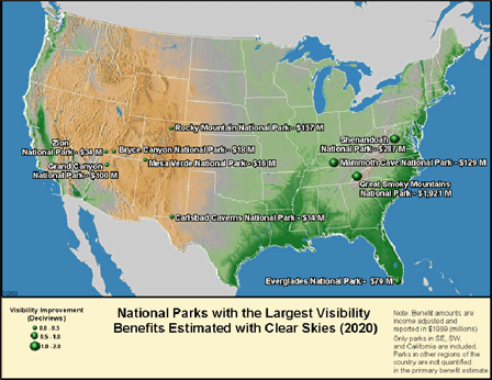 National Parks with the Largest Visibility Benefits Estimated with Clear Skies (2020)