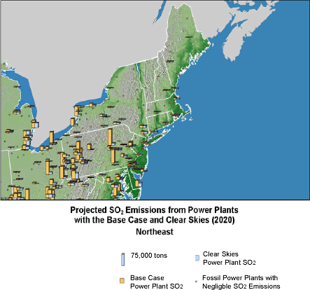 Projected SO2 Emissions from Power Plants with the Base Case and Clear Skies (2020)- Northeast