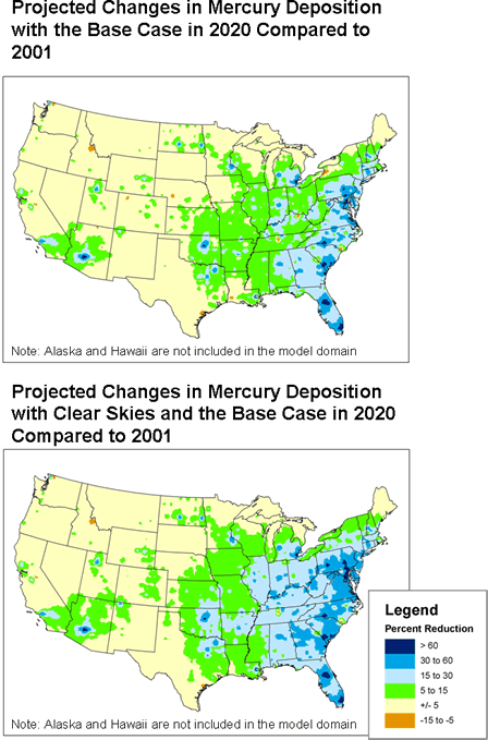 Projected Changes in Mercury Deposition with the Base Case in 2020 Compared to 2001 /  Projected Changes in Mercury Deposition with Clear Skies and the Base Case in 2020 Compared to 2001