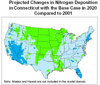 Projected Changes in Nitrogen Deposition in Connecticut with the Base Case in 2020 Compared to 2001