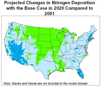 Projected Changes in Nitrogen Deposition with the Base Case in 2020 Compared to 2001