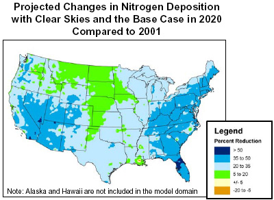 Projected Changes in Nitrogen Deposition with Clear Skies and the Base Case in 2020 Compared to 2001