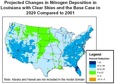 Projected Changes in Nitrogen Deposition in Louisiana with Clear Skies and the Base Case in 2020 Compared to 2001.