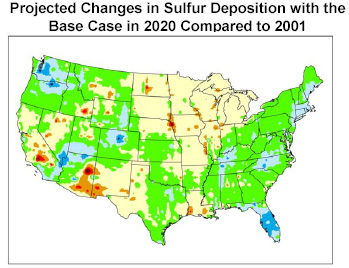 Projected Changes in Sulfur Deposition with the Base Case in 2020 Compared to 2001