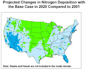 Projected Changes in Nitrogen Deposition with the Base Case in 2020 Compared to 2001
