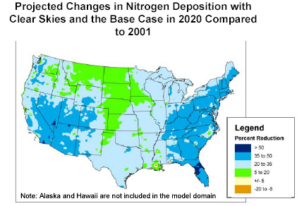 Projected Changes in Nitrogen Deposition with Clear Skies and the Base Case in 2020 Compared to 2001