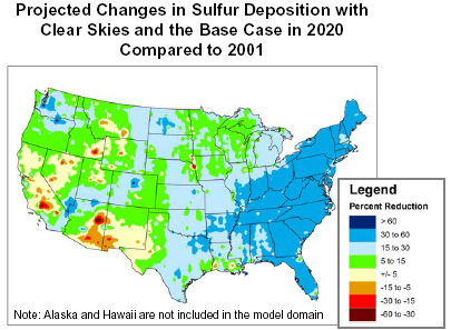 Projected Changes in Sulfur Deposition with Clear Skies and the Base Case in 2020 Compared to 2001