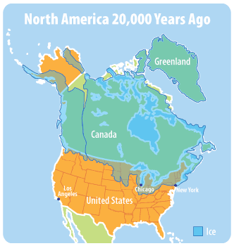 This map shows an outline of the ice sheets that covered a large part of North America about 20,000 years ago.