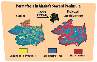 This graphic includes two maps of the Seward Peninsula in northwestern Alaska. One map shows where permafrost is currently located, and the other shows where scientists expect permafrost to be found at the end of this century.