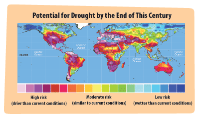 This map uses color-coding to show predictions about the risk of drought in different parts of the world by the end of this century.