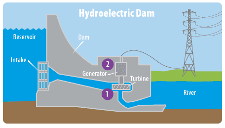 This diagram shows the major parts of a hydroelectric dam. Numbers on the diagram correspond with the steps listed on the page.