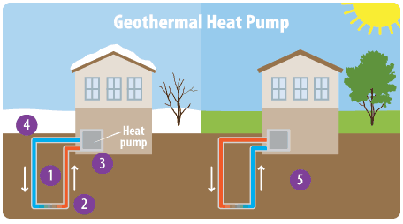 This diagram shows the major parts of a geothermal heat pump system. Numbers on the diagram correspond with the steps listed on the page.
