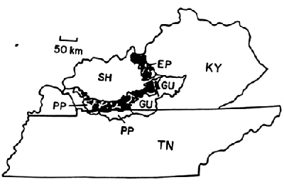 Figure 1. Historical occurrence of barrens (black) in the Big Barrens Region (Kentucky Karst Plain) of Kentucky and Tennessee
