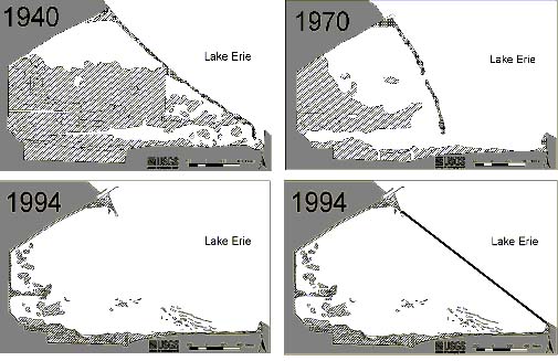 Diagrams showing schematic of aerial photographs of Metzger Marsh, western Lake Erie, showing the destruction of the barrier beach and subsequent erosion of the wetland vegetation between 1940 and 1994.