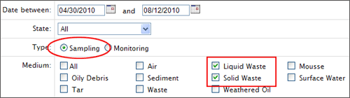 screen shot of the selection options from Download Environmental Data, showing "sampling" and "Surface Water" selected.