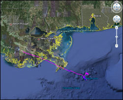 map showing the line of the ASPECT flight path from inland on the Mississippi Delta delta extending over the Gulf of Mexico