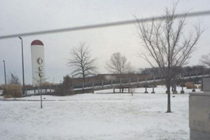 snowy landscape in Ohio with water tower