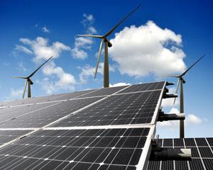 Image of solar panels and wind mills