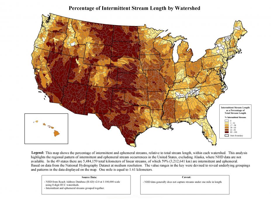 The map shows the percentage of intermittent and ephemeral streams, relative to total stream length, within each watershed across the U.S. Excluding Alaska, 59% of the linear streams are intermittent and ephemeral.