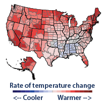 US map showing projected temperature change