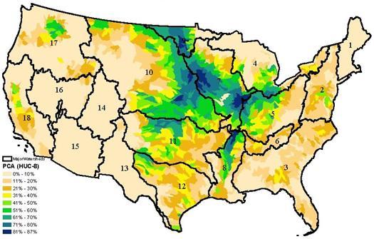 map of U.S. with different colors representing PCA values and outlined regions numbered to indicate regional basins.