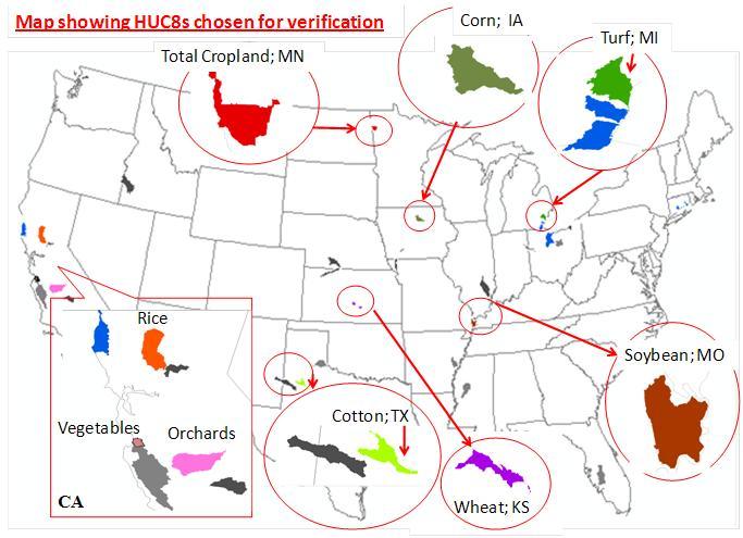 Appendix C: Attachment 2. U.S. Map showing HUC8s chosen for verification.  These include: Total Cropland in MN; Corn in IA; Turf in MI;  Soybean in MO; Wheat in KS; Cotton in TX and in CA: Rice, Vegetables and Orchards.