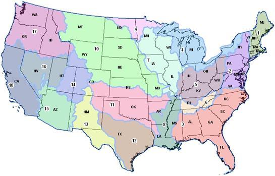 Figure 2. U.S. map of major regions (HUC-2) represented by regional PCA adjustment factors 	overlain with U.S. state boundaries