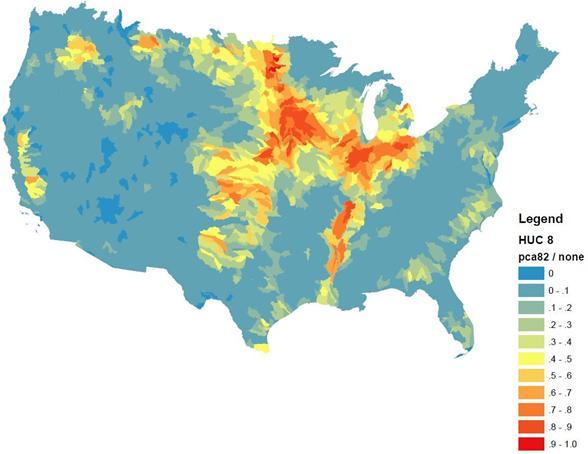 Figure 3. U.S. map showing total agriculture PCA by 8-digit HUCs
