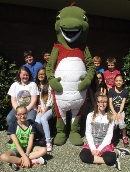 Clear Creek Elementary 4th Graders and their “Big Redd” Salmon Mascot in Kitsap County, Washington