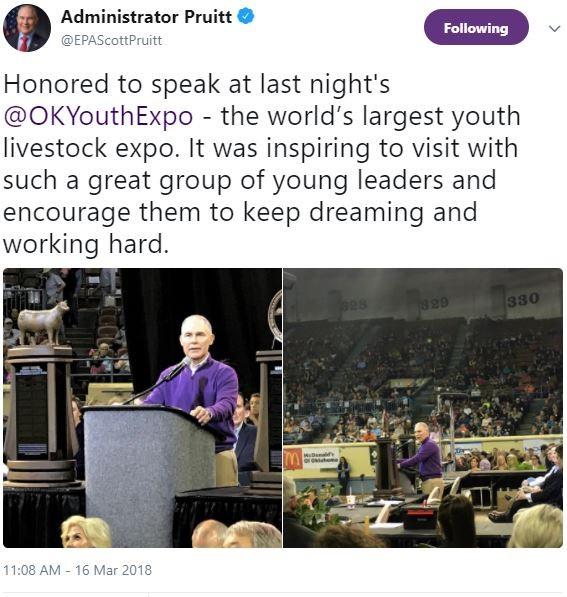 screenshot of a tweet with two photos showing man (the Administrator) in purple coat behind a podium speaking to crowd in stands