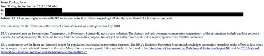 Email by EPA's John Konkus noting that EPA’s proposed rule on Strengthening Transparency in Regulatory Science did not discuss radiation. 