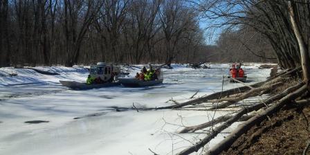 EPA on-scene coordinators use air boats on the frozen Galena River near the oil train derailment.