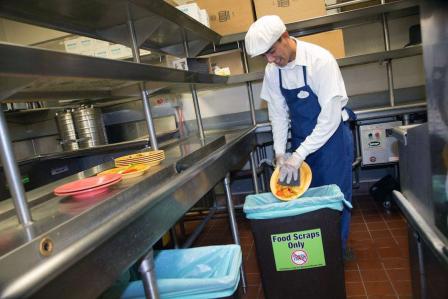 Kitchen worker emptying food waste into recycling bin.