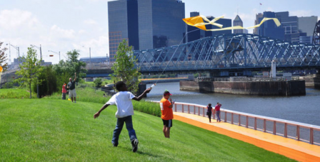Kite Flying along the new Passaic Riverfront Park in New Jersey