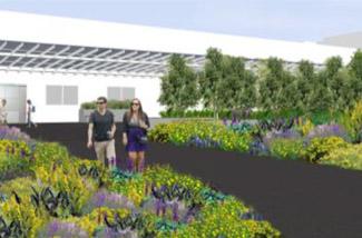 Students sitting on benches attached to green infrastructure planter boxes