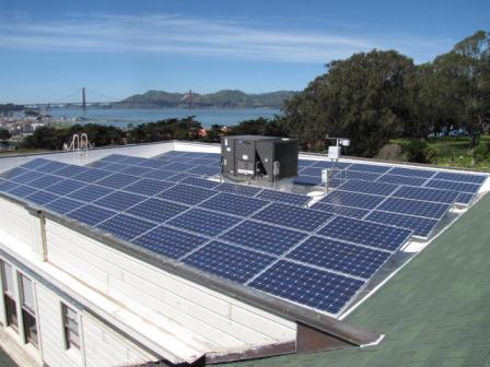 Solar panels on the roof of building at Fort Mason