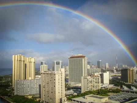 rainbow over a cityscape