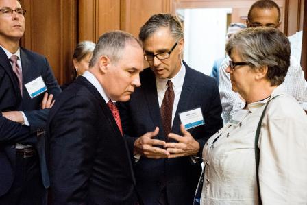 Administrator Pruitt discusses growing the local food economy with Gail Patton, Executive Director, Unlimited Future (right) and Matt Dalbey, Director, EPA Office of Sustainable Communities 