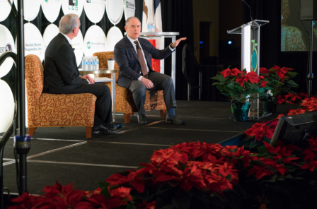 Chuck Soderberg, executive vice president of the Iowa Association of Electric Cooperatives, interviews EPA Administrator Scott Pruitt at the annual IAEC meeting. 