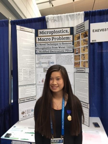 Melanie Quan presenting her project: “Microplastics, Macro Problem: A Novel Technique to Remove Microplastics from Water Using a Modified Electrostatic Filter.”