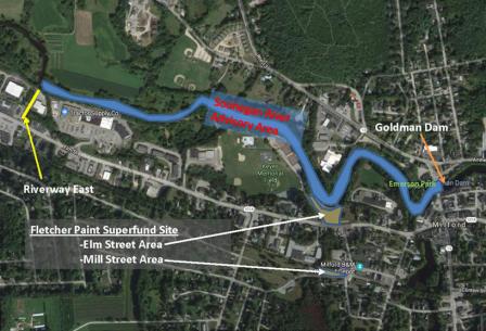 Aerial map of Souhegan River Fish Consumption Advisory area near the Fletcher's Paint Works Superfund site