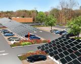 An artist's rendering showing a large parking lot retrofitted with pervious pavement to reduce runoff while trees and elevated solar panels offer shade.  