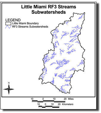 Image of Little Miami Study Area RF3 Streams Subwatersheds, link to larger image