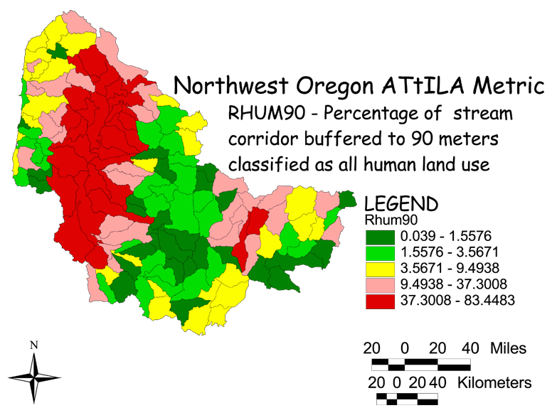 Large Image of Northwest Oregon Stream Corridor/Human Land Use 90 Meter Buffer