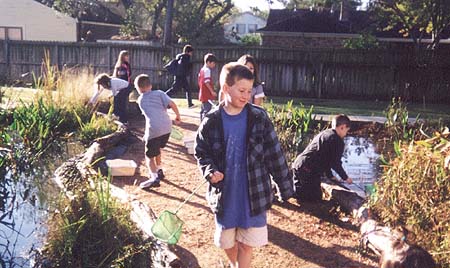4: Fourth grade students at Ed White Elementary school net in habitat in the Schoolyard Wetland Habitat. In this photograph, the wetland is about seven months old. Ed White is part of the Clear Creek Independent School District in Seabrook, Texas.