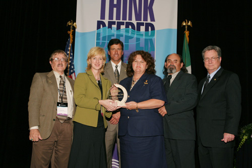 Presentation of the Gulf Guardian Award for Civic/Nonprofit Organization, 1st Place, to Les Reflections du Bayou for their project, Citizens Monitoring and Marine Enhancement Project.  From left, Dugan Sabins; Karen Gautreaux; Bryon Griffith, Director of the Gulf of Mexico Program;  winners Susan Terrebonne and Glen Terrebonne; and Mayor Richard Greene, EPA Region 6 Administrator.
