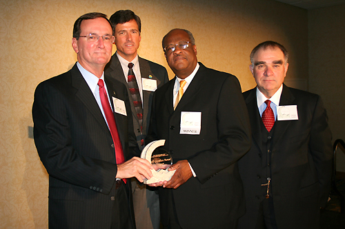 Presentation of the Gulf Guardian Award for Government, 3rd Place, to the Deer Island Restoration Team: US Army Corps of Engineers, Miss Dept. of Marine Resources, Biloxi Port Commission for their project, "Deer Island Beneficial Use/Marsh Creation". From left to right, pictured are Bill Walker, Gulf of Mexico Program Director Bryon Griffith, Curtis Flakes, and EPA Region 4 Administrator Jimmy Palmer.