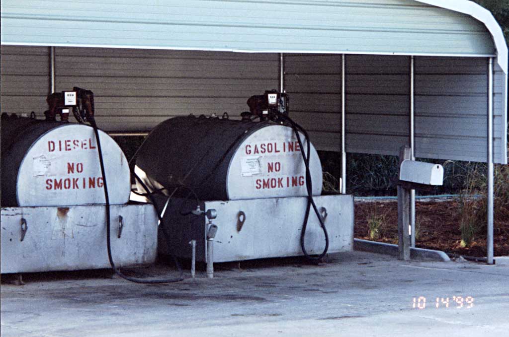 Gas refueling tanks are contained in concrete bins, which sit on a concrete floor. This makes for easy cleanup in the event of a mishap and no danger to the environment.