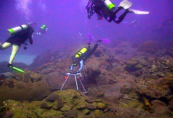 Photo 1 Workshop participants learn under water research techniques, such as using a camera on a frame to take photos to be used in monitoring the health of the coral reef.
