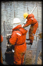 Sediment sampling aboard EPA research vessel, "Mudpuppy"